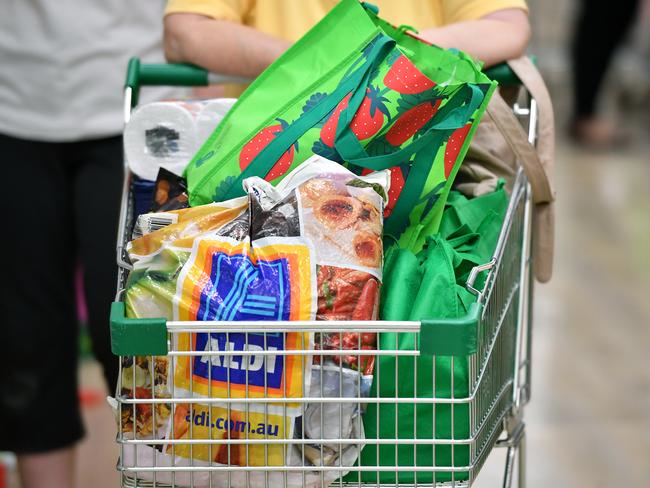 Environmentally-friendly shopping bags at Woolworths Dural, Sydney, Wednesday, April 4, 2018. The Dural store is one of three NSW Woolworths retailers to go plastic bag free (or charge for plastic bags) as of today. (AAP Image/Joel Carrett)