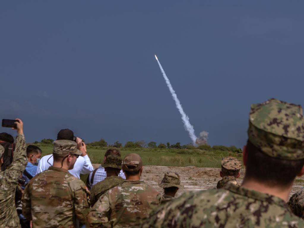 A patriot surface-to-air missile is launched by the United States Military during a live fire drill, part of the annual US-Philippines drills called Balikatan, meaning ‘shoulder to shoulder’.