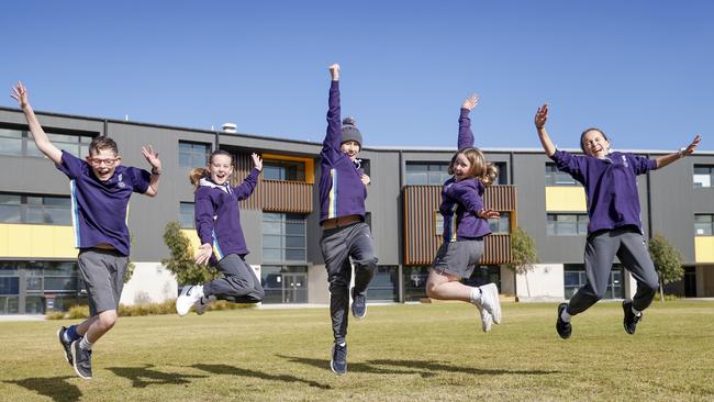 Students at Iona College Geelong, which is expected to balloon in enrolments once at full capacity. William, 12, Charli, 12, Tom, 13, Emily, 12, and Jorja, 13. Picture: Alex Coppel.