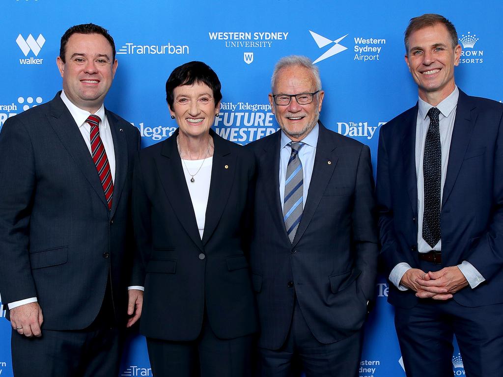 Future Western Sydney forum attendees Minister for Western Sydney Stuart Ayers, Business Council of Australia CEO Jennifer Westacott AO, business leader Tony Shepherd and Daily Telegraph editor Ben English. Picture: Toby Zerna