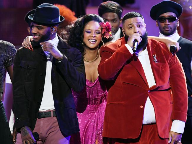 Bryson Tiller, Rihanna and DJ Khaled perform onstage during the 60th Annual GRAMMY Awards at Madison Square Garden on January 28, 2018 in New York City. Picture: Getty