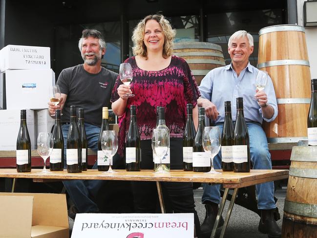 L-R Paul Stranan of Darlington Vineyard, Nicky Quon of Frogmore Creek Wines, Fred Peacock of Bream Creek Vineyard who are all participating. Preview to the White Wine Weekend at PW1. Picture Nikki Davis-Jones