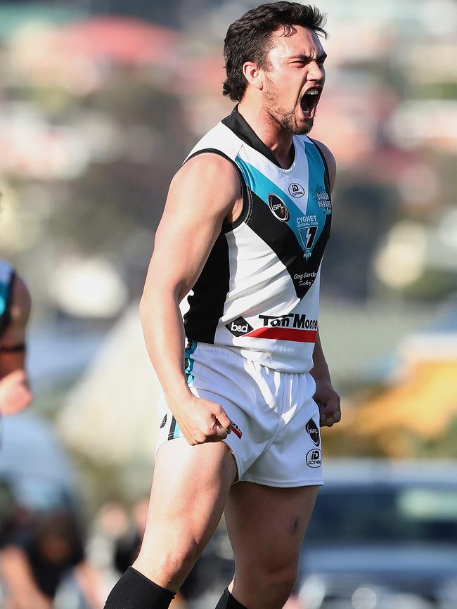 Cygnet’s Thor Boscott celebrates a goal. Picture: NIKKI DAVIS-JONES