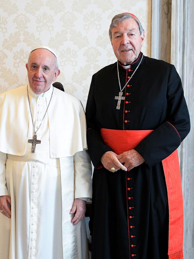 Cardinal Pell with Pope Francis on October 12. Picture: Vatican press office