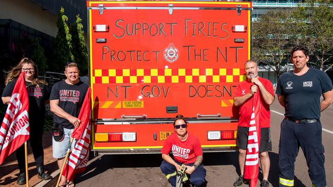 United Workers Union NT secretary Erina Early, left, Darwin leading firefighter Peter Jelly, Marrara senior firefighter Keeley Stewart, Darwin station officer David Lines and Katherine station officer Daniel Kenna protesting the NT Government's pay offer. Picture: Pema Tamang Pakhrin