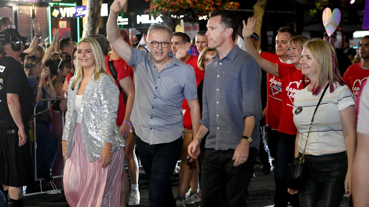 Prime Minister Anthony Albanese and NSW Labor leader Chris Minns and their partners walked in the Mardi Gras parade.Picture: NCA NewsWire / Jeremy Piper