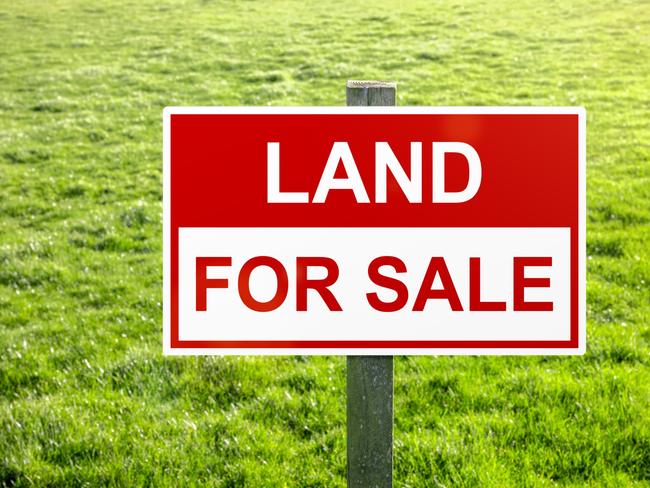 Land for sale sign in green grass field for housing development and construction background