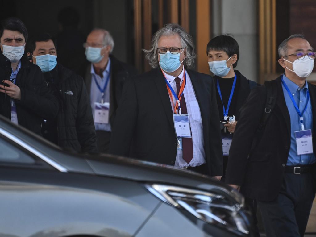 Members of the World Health Organisation (WHO) team investigating the origins of the COVID-19 pandemic, leave the Hilton in Wuhan. Picture: AFP