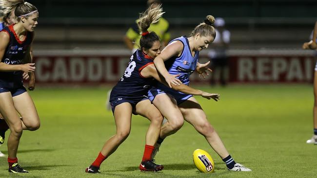 Norwood's Rhiannon Busch and Sturt's Sophie Hoyle battle for the ball. Picture: Deb Curtis