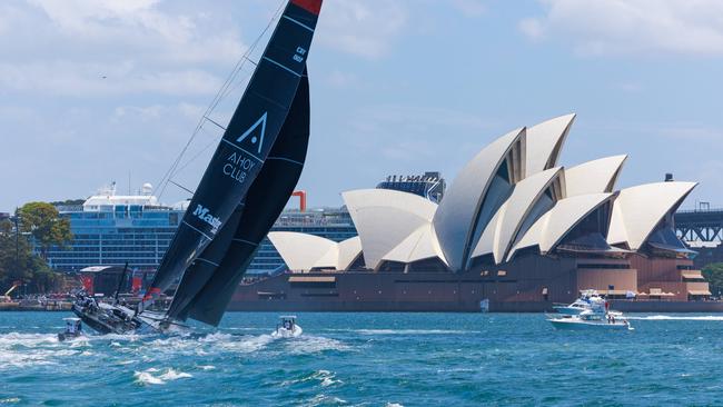 Master Lock Comanche seen from on board the Supermaxi LawConnect, during the SOLAS Big Boat Challenge in Sydney Harbour, today. Picture: Justin Lloyd.