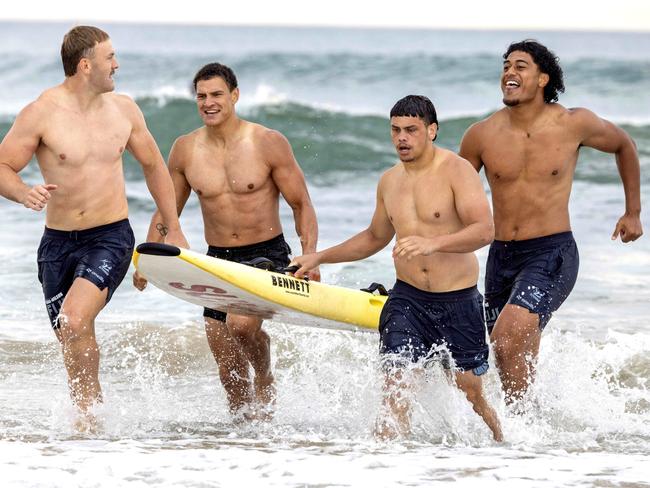 Warbrick with teammates Cooper Page-Wilson, Stanley Huen and Suli Pole at Melbourne Storm’s pre-season training camp at Torquay beach. Picture: David Geraghty