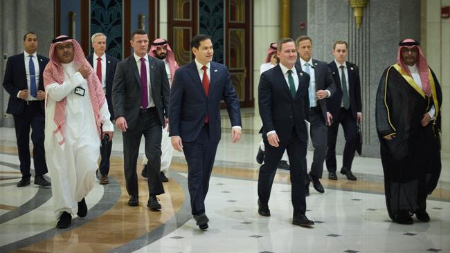 US Secretary of State Marco Rubio and US National Security Adviser Michael Waltz, on right, walking before the Ukrainian and US delegations meeting. Picture: AFP