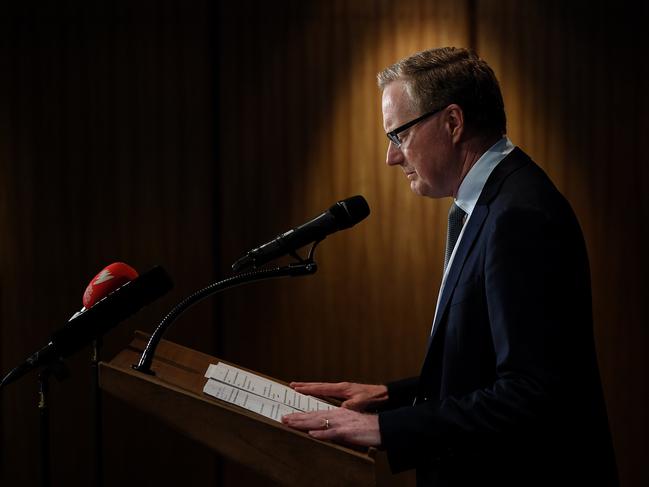 Reserve Bank of Australia Governor Philip Lowe speaks to the media in Sydney, Thursday, March 19, 2020. The Reserve Bank has cut the interest rate to a record-low 0.25 per cent in an historic suite of economic support to cushion the blow of the coronavirus pandemic. (AAP Image/Joel Carrett) NO ARCHIVING