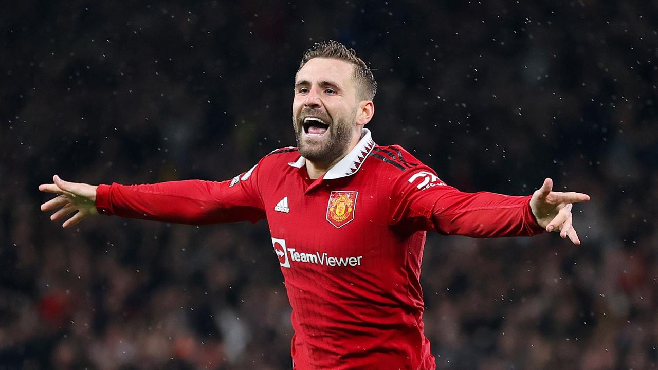 MANCHESTER, ENGLAND - JANUARY 03: Luke Shaw of Manchester United celebrates after scoring the team's second goal during the Premier League match between Manchester United and AFC Bournemouth at Old Trafford on January 03, 2023 in Manchester, England. (Photo by Naomi Baker/Getty Images)