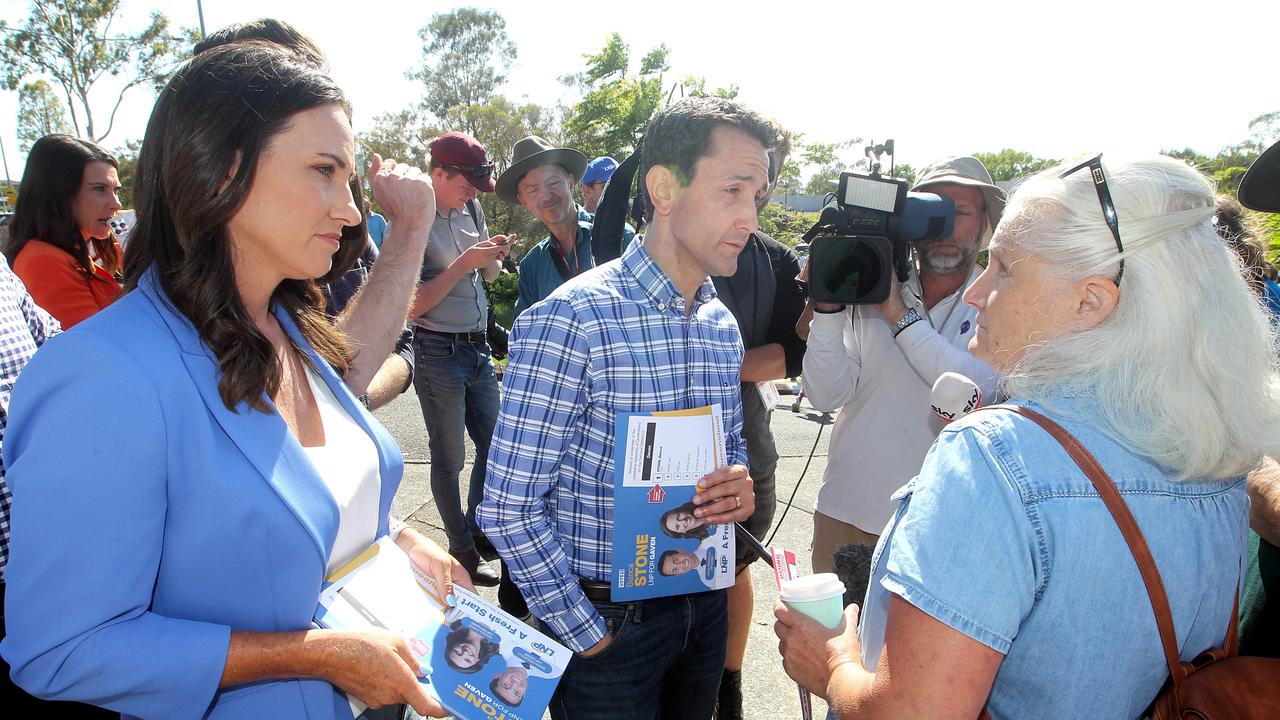 David Crisafulli and Bianca Stone were at William Duncan State School this morning. David was confronted by Vicki Campbell. Picture: Richard Gosling