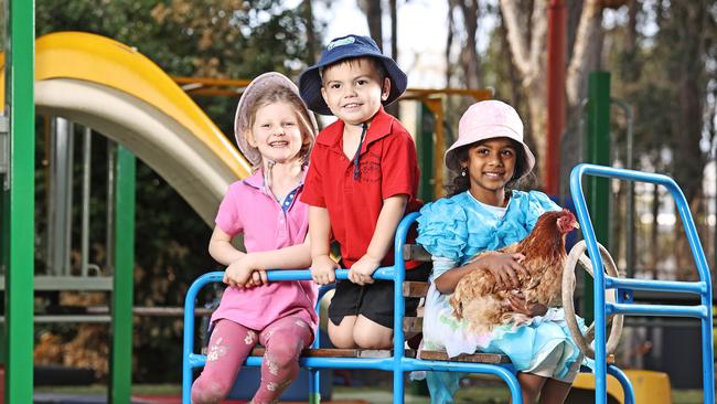 C&amp;K West Chermside kids Sophia Hughes, 5, Kingi Nikorima, 4, and Yuvna Koolash, 4. Picture: Tara Croser