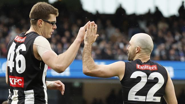 MELBOURNE, AUSTRALIA - JULY 15: Mason Cox of the Magpies celebrates a goal  during the round 18 AFL match between Collingwood Magpies and Fremantle Dockers at Melbourne Cricket Ground, on July 15, 2023, in Melbourne, Australia. (Photo by Darrian Traynor/Getty Images)