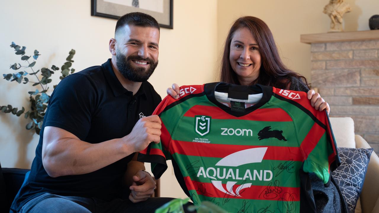 Josh Mansour presented a Rabbitohs jersey to a fan after his company renovated her home.