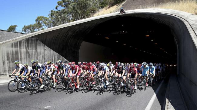 The peloton goes through the south eastern tunnel during last year’s stage 2 of the Tour Down Under. Picture: Sarah Reed