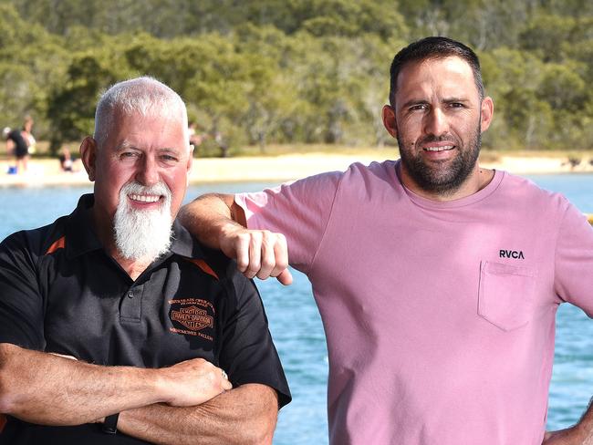 Wayne and Dean Huxley enjoy some time at Currumbin creek. Dean Huxley has been credited for saving his father Wayne's life after he suffered a cardiac arrest while working together. Saturday September 29, 2018. (AAP image, John Gass)