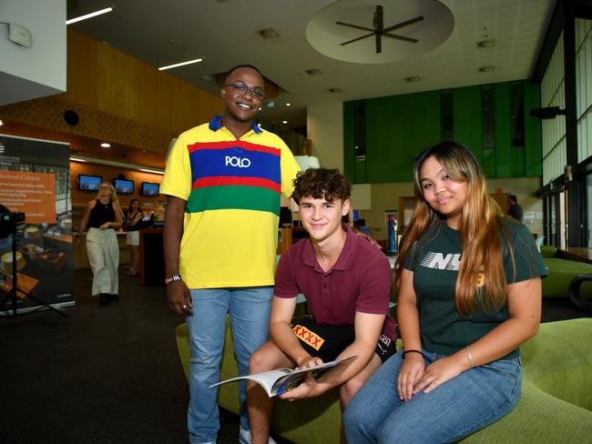 New James Cook University students Timothy Rono, Hunter Dawson and Eilianna Quilala are excited about their university futures. Picture: Evan Morgan