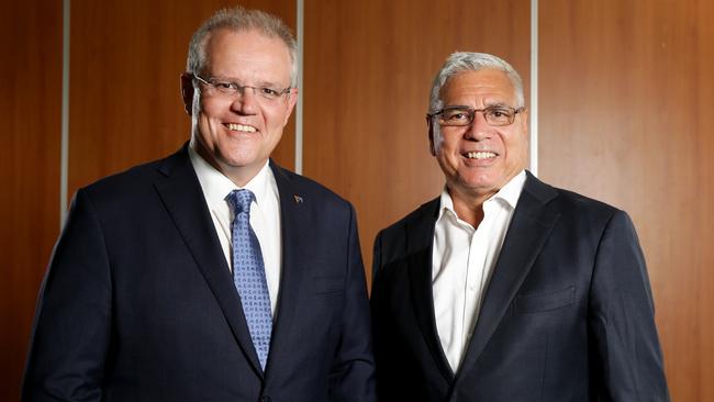 Prime Minister Scott Morrison with Liberal candidate for Gilmore and former Labor Party boss Warren Mundine. Picture: Jonathan Ng