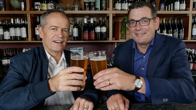 Federal Labor leader Bill Shorten with Victorian Premier Daniel Andrews who has been accused of using taxpayer dollars to fund Mr Shorten’s election campaign. Picture: Ian Currie