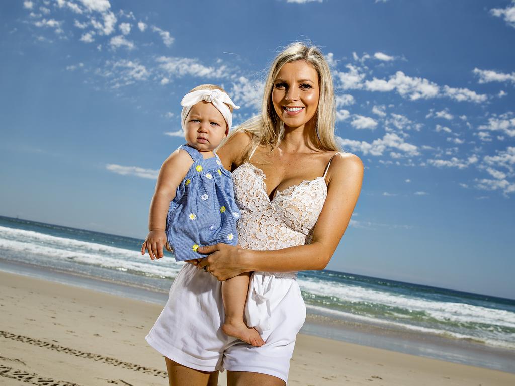 Hannah Polites is one of the Gold Coast’s original Instagram famous girls. Hannah with her daughter Evaliah,1. Picture: Jerad Williams