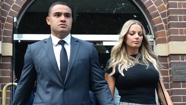 Dylan Walker and fiancee Alexandra Ivkovic outside Manly Court. Picture: AAP