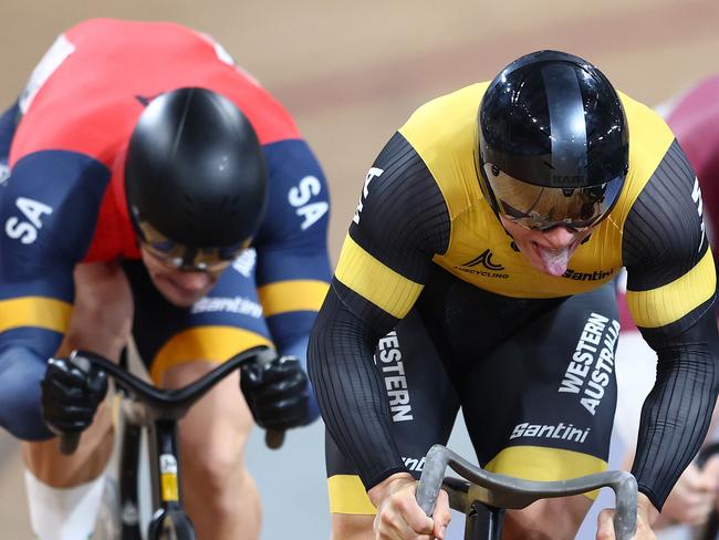 BRISBANE, AUSTRALIA - MARCH 02: Matthew Richardson competes in the Elite Men Keirin Final during the 2024 AusCycling Track National Championships at Anna Meares Velodrome on March 02, 2024 in Brisbane, Australia. (Photo by Chris Hyde/Getty Images)