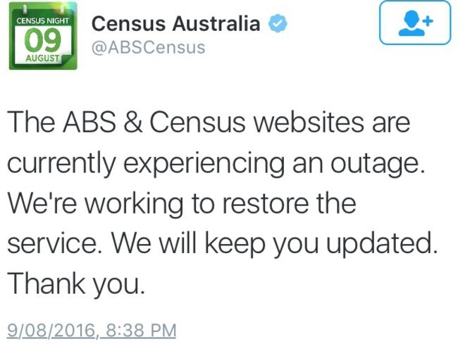 The ABS Australian Census website outage apology on the night the website was shut down. Picture: Supplied