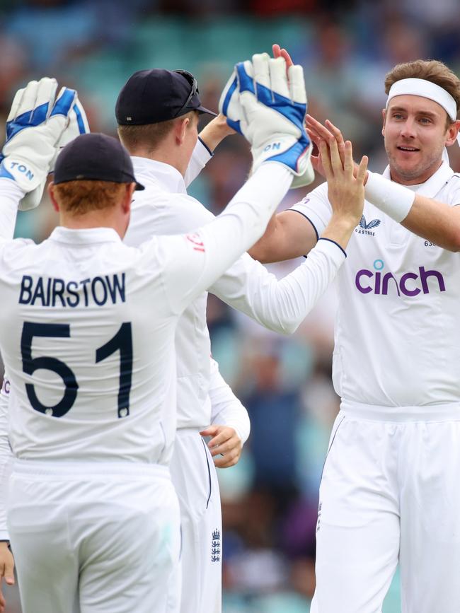 Stuart Broad celebrates taking the wicket of Khawaja. Picture: Getty Images