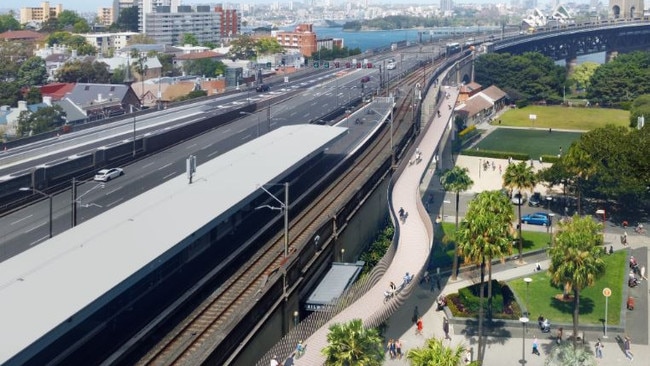 Artist’s impression of a bike ramp to be built at the northern end of the Sydney Harbour Bridge Cycleway. Picture: Transport for NSW