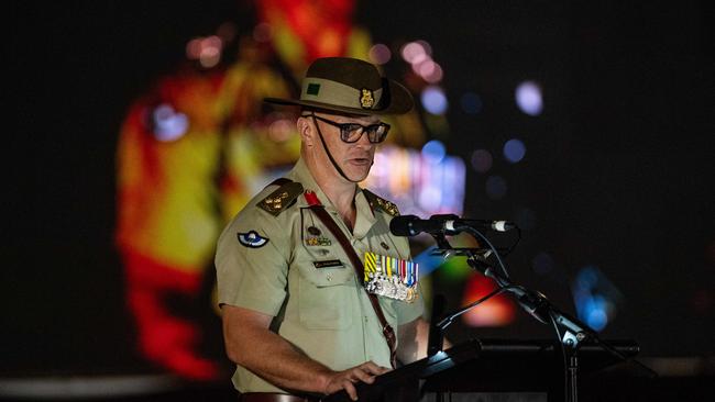 Brigadier Doug Pashley CSC with his speech as 109 years after the Gallipoli landings, Territorians gather in Darwin City to reflect on Anzac Day. Picture: Pema Tamang Pakhrin