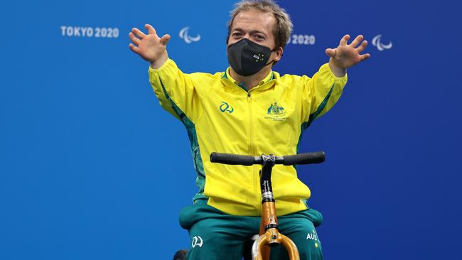 Grant Patterson of Team Australia poses during the medal ceremony for the Men's 150m Individual Medley on Day 4 of the Tokyo Paralympics. On Tuesday night he won a silver in the 50m breaststroke SB2. Picture: Buda Mendes/Getty Images