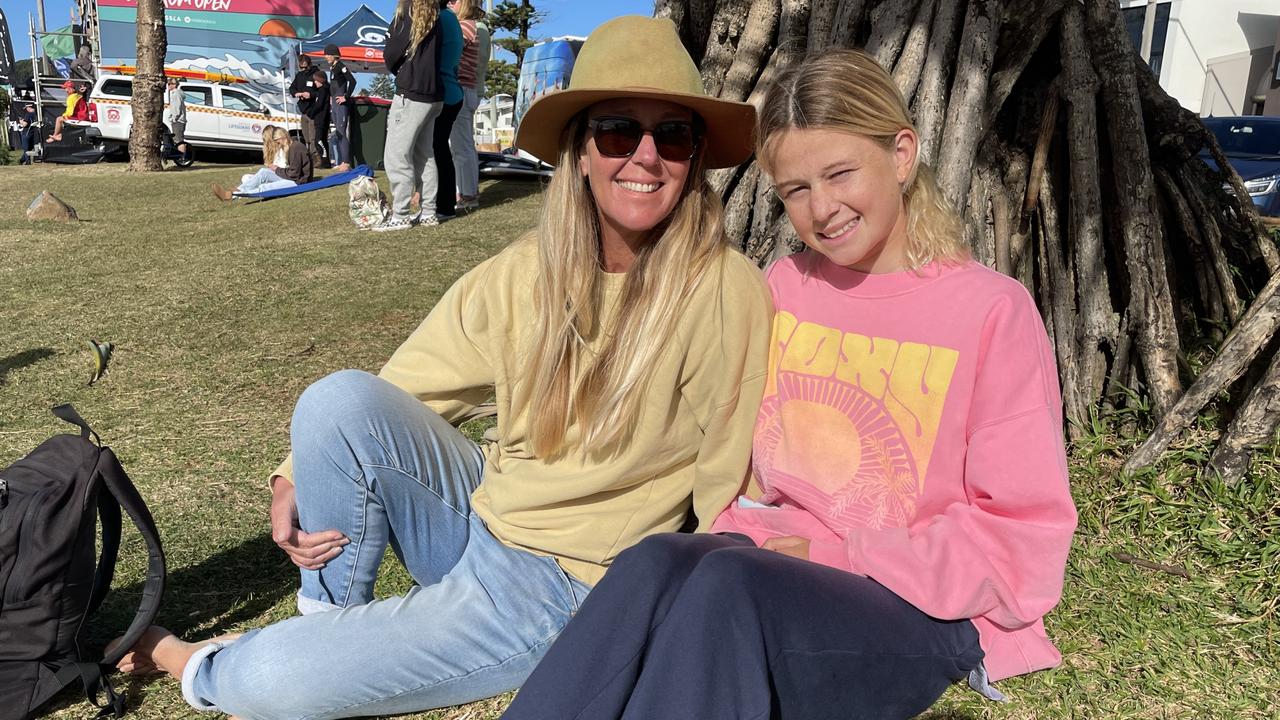 Kirstie Cook and Grace Cook, 13, from West Australia at the Skullcandy Oz Grom Open surfing competition at Lennox Head on July 6, 2023. Picture: Savannah Pocock