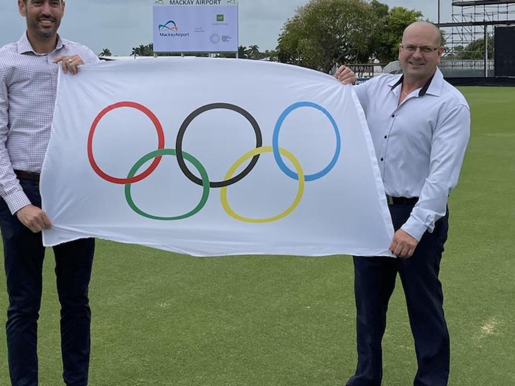 Harrup Park CEO Adrian Young (left) and Mackay Airport Head of Operations Adrian Miles (right) hope their new partnership can help bring the Olympics to Mackay. Picture: Supplied.