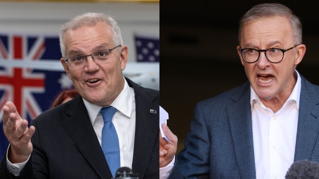 Prime Minister Scott Morrison and Opposition Leader Anthony Albanese at their respective press conferences on Friday. Picture source: Jason Edwards (left); Liam Kidston (right)