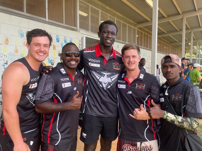 Majak Daw played his first match with the Tiwi Bombers in October, 2022, their first win in Men’s Premier League in 988 days. Picture: Ben Cameron.