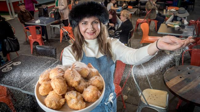Jess Pelich sells the only Pirozhki in Melbourne - handmade Russian doughnuts. Picture: Jake Nowakowski