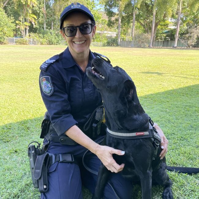 At the age of eight, drug detection dog Violet is getting close to retirement. She has a strong bond with handler Senior Constable Julie Butler. Picture: Leighton Smith.