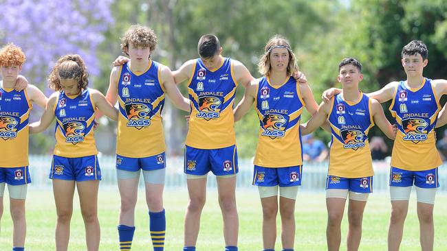 AFLQ junior semi-final day. Jindalee Blue vs Wests Juniors Maroon. Jindalee players before the game. Saturday October 10, 2020 Picture, John Gass