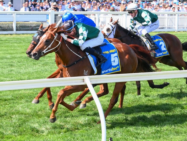 Devil Night holds off Tempted to win the Blue Diamond Stakes at Caulfield on Saturday. Photo: Brett Holburt/Getty Images.