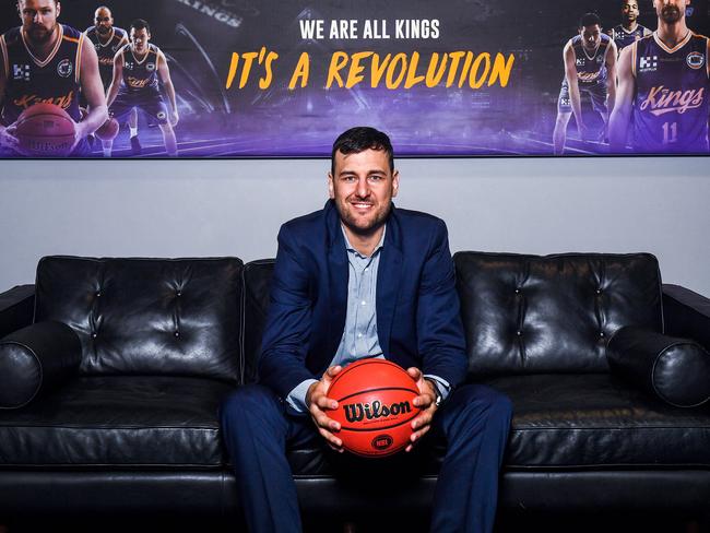 Andrew Bogut, one of the most decorated players in Australian basketball history, poses for a photograph after being announced as the new Sydney Kings NBL player, in Sydney, Tuesday, April 24, 2018. (AAP Image/Brendan Esposito) NO ARCHIVING