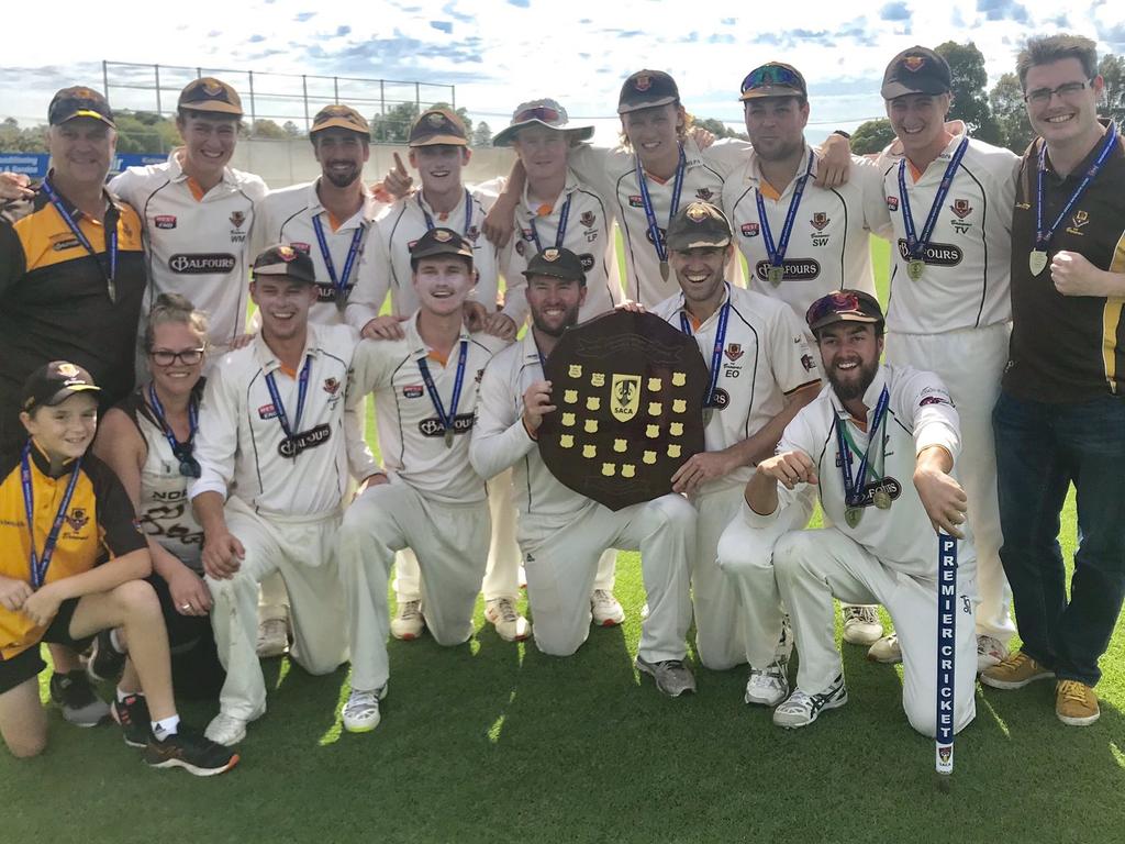 Kensington celebrate after winning the grade cricket two day grand final over Adelaide at Glenelg Oval on Sunday, March 24 2019. Picture: SA Cricket Association (supplied)