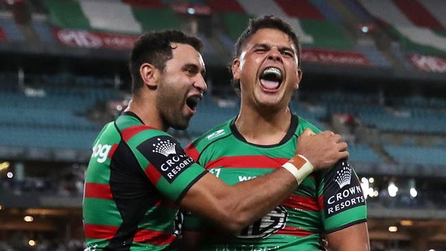 Latrell Mitchell had the last laugh, scoring the Rabbitohs’ final try in their win against the Roosters. Picture: Matt King/Getty Images