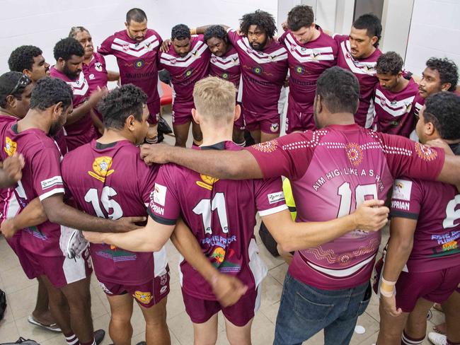 Yarrabah players get together in solidarity in the dressing room before the game against Suburbs. Picture: Brian Cassey