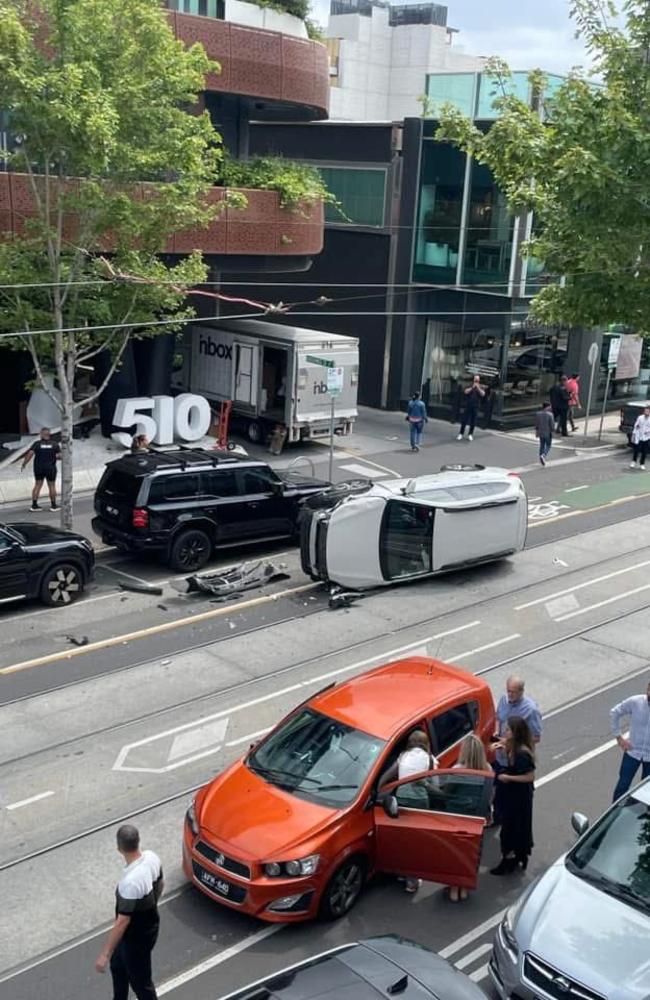 The white Subaru remained on its side early on Friday afternoon. Picture: X/Hipstergeddon