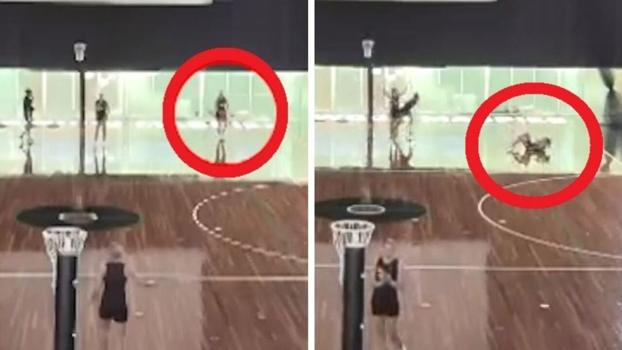 Molly Jovic’s insane kick sparked pandemonium at Collingwood training. Pics: Twitter.