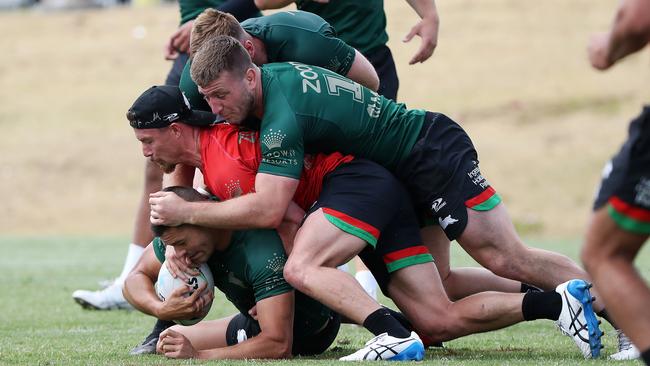 Rabbitohs players at train for the NRL grand final this week. Picture: Nigel Hallett